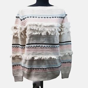 LOFT Long Sleeve Fringe Striped Knit Pullover Sweater Size S